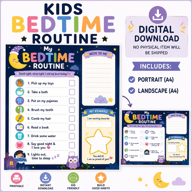 Tableau de routine du coucher pour enfants | Liste de contrôle visuelle ...