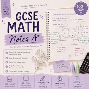 Può includere: Una guida allo studio rilegata a spirale intitolata GCSE MATH Notes A* con testo scritto a mano, diagrammi e problemi di matematica. La copertina e le pagine presentano accenti viola, una calcolatrice, penne e un rametto di fiori secchi.