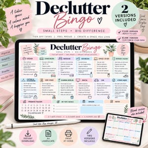 May include: A digital Declutter Bingo game board displayed on a tablet screen, featuring categories like kitchen, bedroom, and office with checkboxes for tasks. The design includes pastel colours, a progress tracker, and goal sections. A stylus rests below.