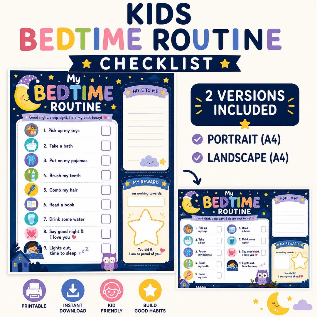 Tableau de routine du coucher pour enfants | Liste de contrôle visuelle ...