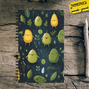 Cuaderno botánico con patrones de aguacate amarillo y verde, lindo diario de extremidades de palo, diario de dibujos animados, cuaderno de bocetos A5 con estampados únicos de aguacate.