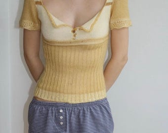 Butter Yellow Handmade Knit Mohair & Silk Babydoll Bone Button Blouse