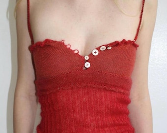 handmade knit silk & mohair sweetheart tank in cherry red