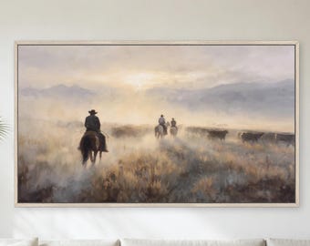 Western Art, Cattle Drive at Sunrise Canvas Wall Art,  Cowboy Roundup, Horses Horseback Neutral Muted Landscape Artwork, Rustic Ranch
