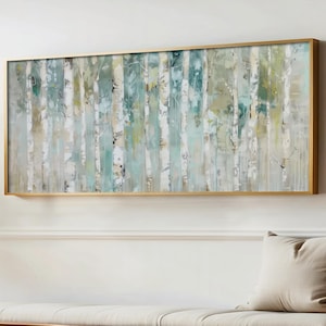 Birch Trees Abstract, Long Horizontal Framed Artwork, Green Blue, Aspens Nature, Watercolor Panorama Wall Art