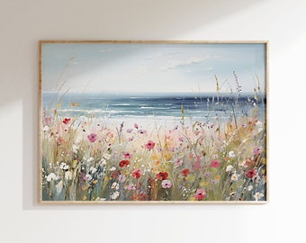 Art imprimable côtier de fleurs sauvages, paysage de champ de printemps brumeux, côte de paysage marin, décor mural coloré, œuvre d’art florale de plage océan grande