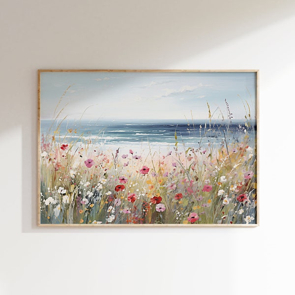 Wildflowers Coastal Printable Art, Misty Spring Field Landscape, Seascape Coast, Colorful Wall Decor, Beach Ocean Floral Artwork Large