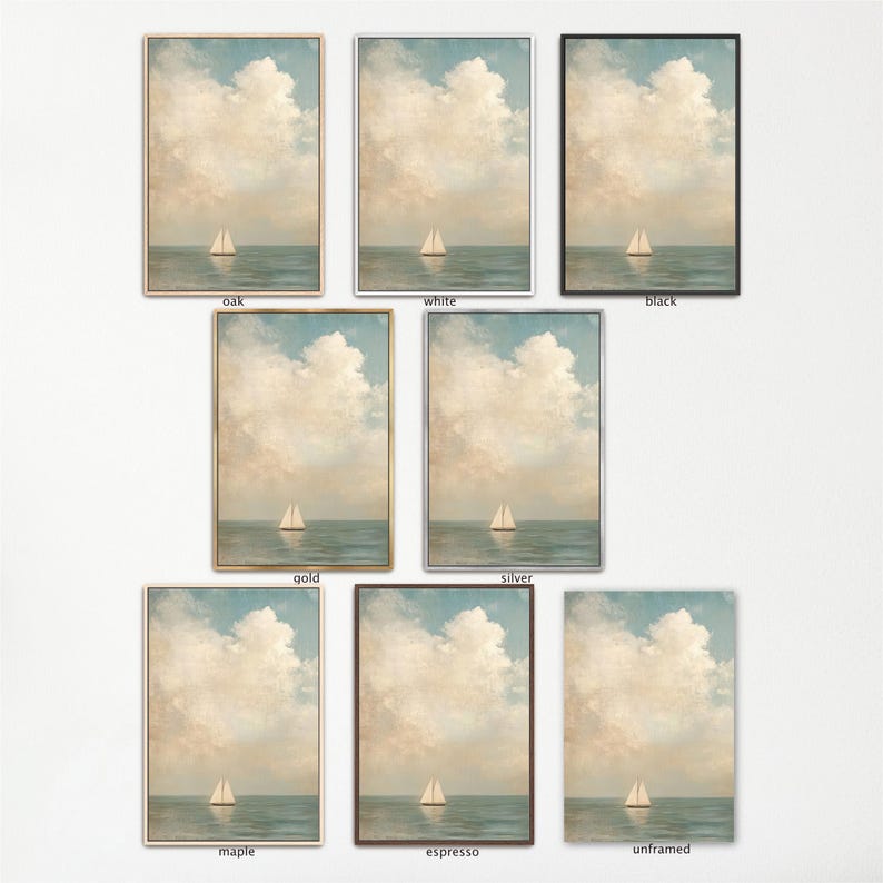 a collection of nine framed paintings depicting a serene scene of a sailboat on the water, with a cloudy sky in the background.