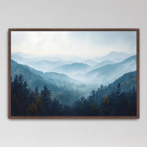 Blue Ridge Mountains Framed Canvas Art, Landscape Abstract Mountains Trees Fog, Wall Decor Large Canvas Wall Art Watercolor Artwork