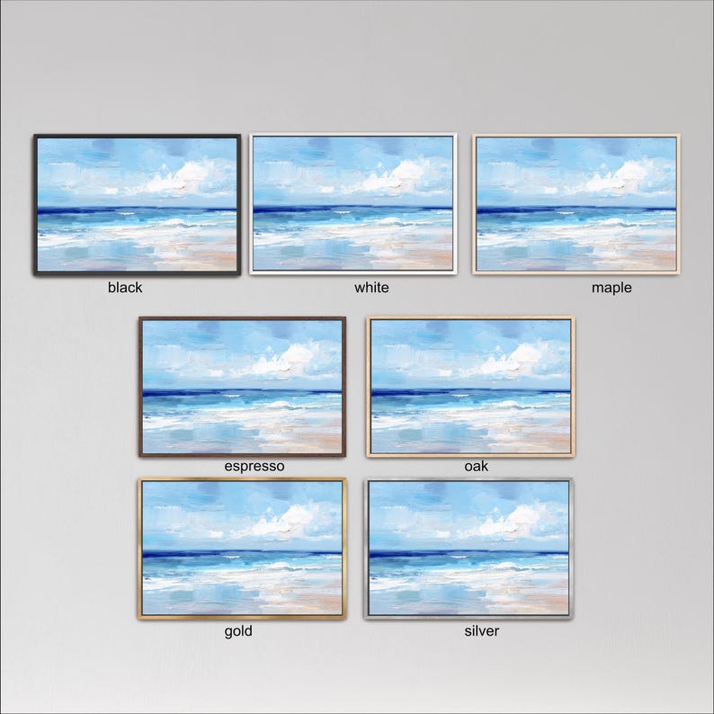 six framed artworks depicting various landscapes, including a beach scene, ocean, and sky. The artworks are labeled with different colors and frame styles, such as black, white, maple, espresso, oak, and gold.