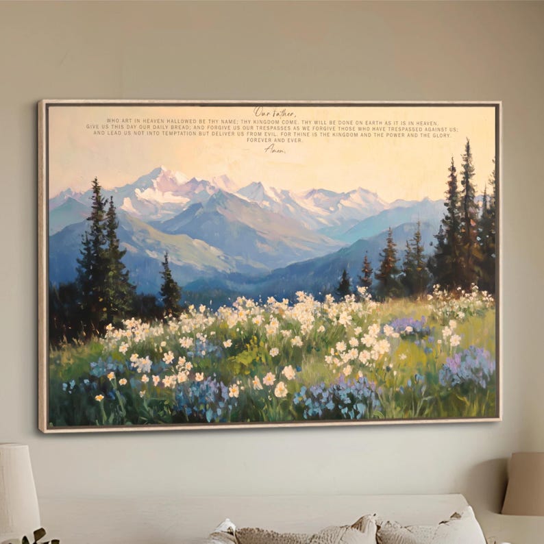 The Lords Prayer Wall Art Framed, Landscape Mountains Flowers, Canvas ...