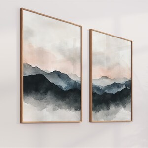 Mountain Abstract Art, Neutral Minimalist Modern Set 2 Wall Decor Large Artwork For Modern Split Canvas Print