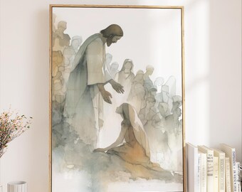 Woman Touches Jesus Art Print, Religious Artwork, Christian Watercolor Canvas, Miracle Healing, Printed Mailed