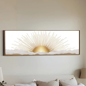 Boho Sun Neutral Wall Art, Modern Abstract Canvas, White Gray Gold Retro Decor, Ready To Hang Minimalist, Framed Horizontal Art Above Bed