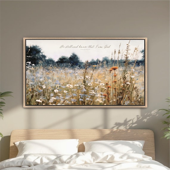 Scripture Artwork, Be Still And Know That I Am God, Psalm 46:10 Vintage Wall Art, Field Wildflowers Framed Ready To Hang, Canvas Print
