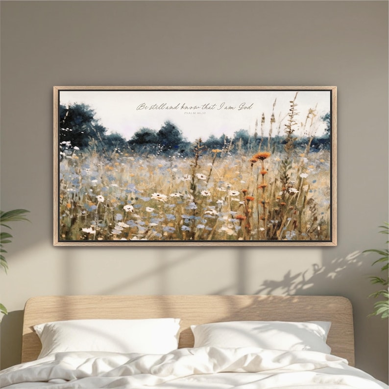 Scripture Artwork, Be Still And Know That I Am God, Psalm 46:10 Vintage Wall Art, Field Wildflowers Framed Ready To Hang, Canvas Print