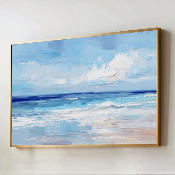 Coastal Beach Painting, Abstract Blue Ocean Wall Decor, Textured Effect Seascape Canvas Print, Modern Shore Cottage Home Artwork, Landscape