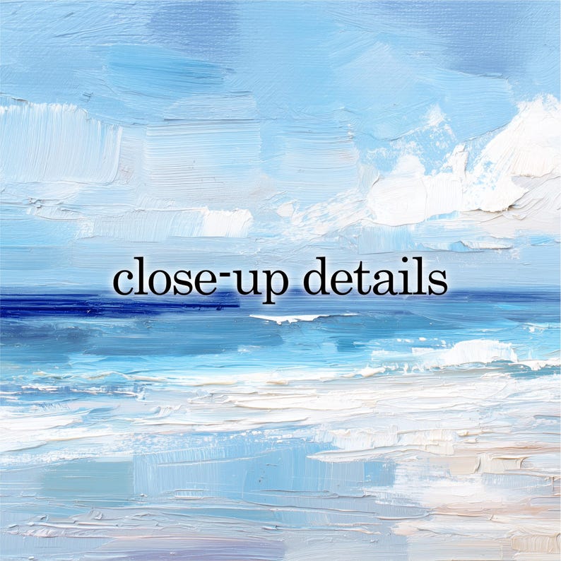The image is a close-up of a painting depicting a serene ocean scene with a cloudy sky.