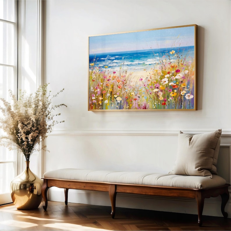 Coastal Wildflowers Colorful Framed Canvas Art, Spring Field Landscape ...