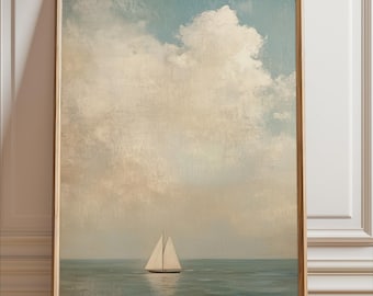 Sailboat Art Framed Canvas,  Coastal Neutral Nautical Decor, Ocean Vintage Seascape Vertical Painting for Living Room, Bedroom, Beach House