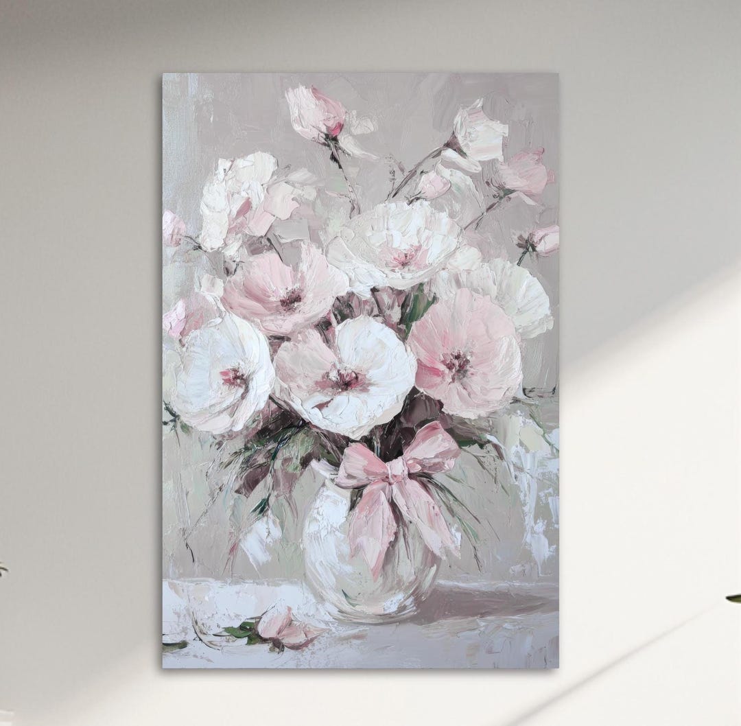 Vintage Vase of Pink Flowers Art Print, Floral Digital Oil Painting Bow ...
