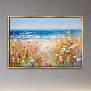 Coastal Wildflowers Colorful Framed Canvas Art, Spring Field Landscape Ocean Seascape, Large Wall Decor, Beach Cottage Floral Artwork Large