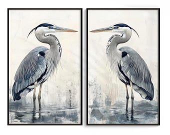 Blue Heron Art Print Set of 2: Coastal Bird Watercolor Painting, Abstract Framed Canvas Print Ready to Hang Shipped