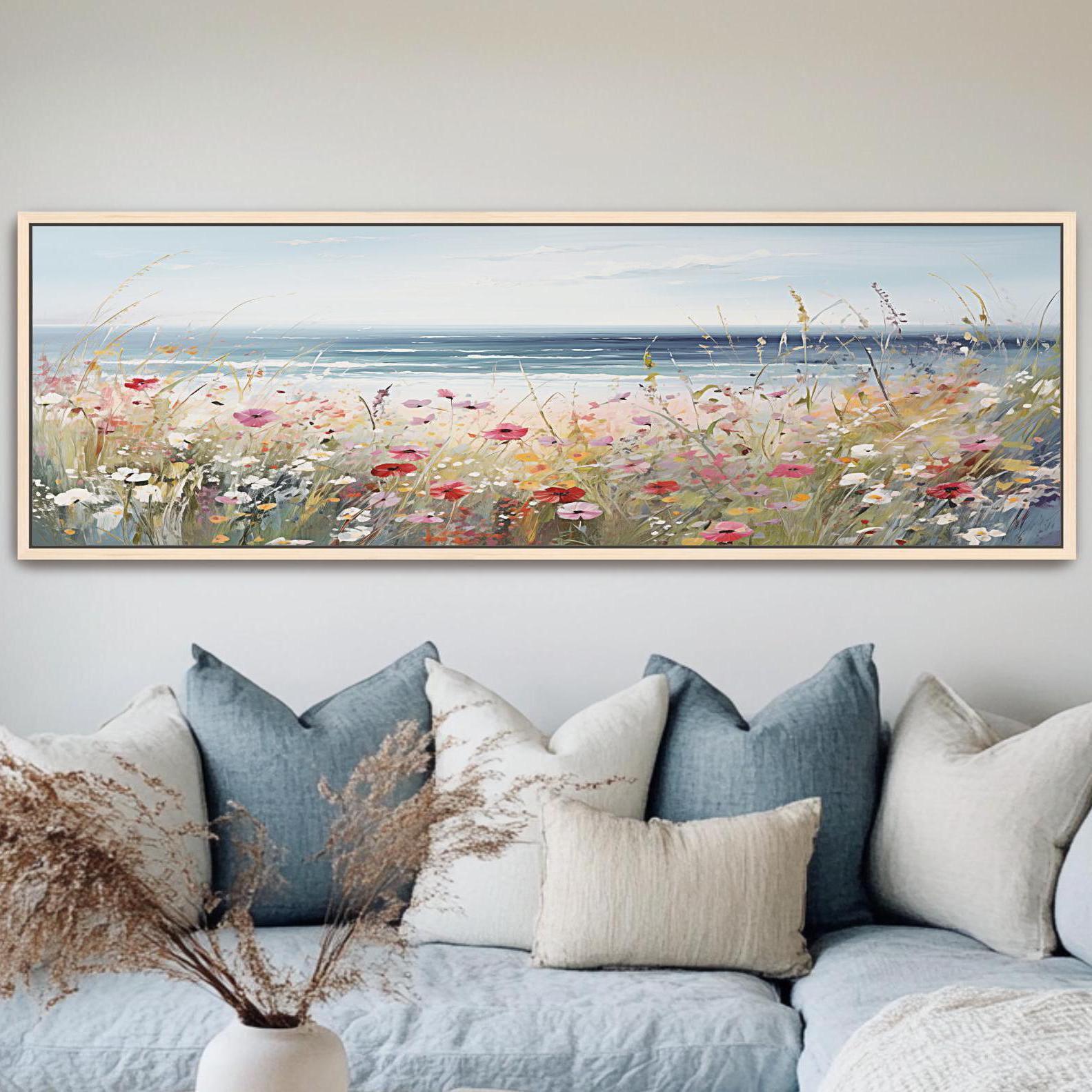 Wildflowers Coastal Framed Art Canvas Panoramic, Seascape Flowers