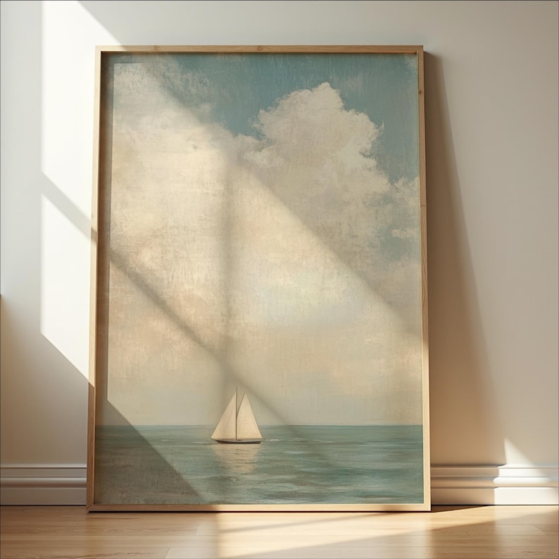 a large painting of a sailboat on the ocean, with a cloudy sky in the background.