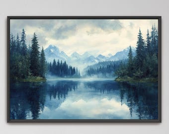 Mountains Lake Landscape Canvas Art, Pine Trees Ready to Hang Framed or Poster, Nature Print, Forest Woods Aesthetic  Tranquil Foggy Morning