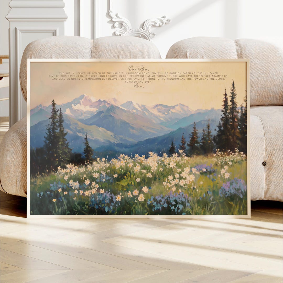 The Lords Prayer Wall Art Framed, Landscape Mountains Flowers, Canvas ...