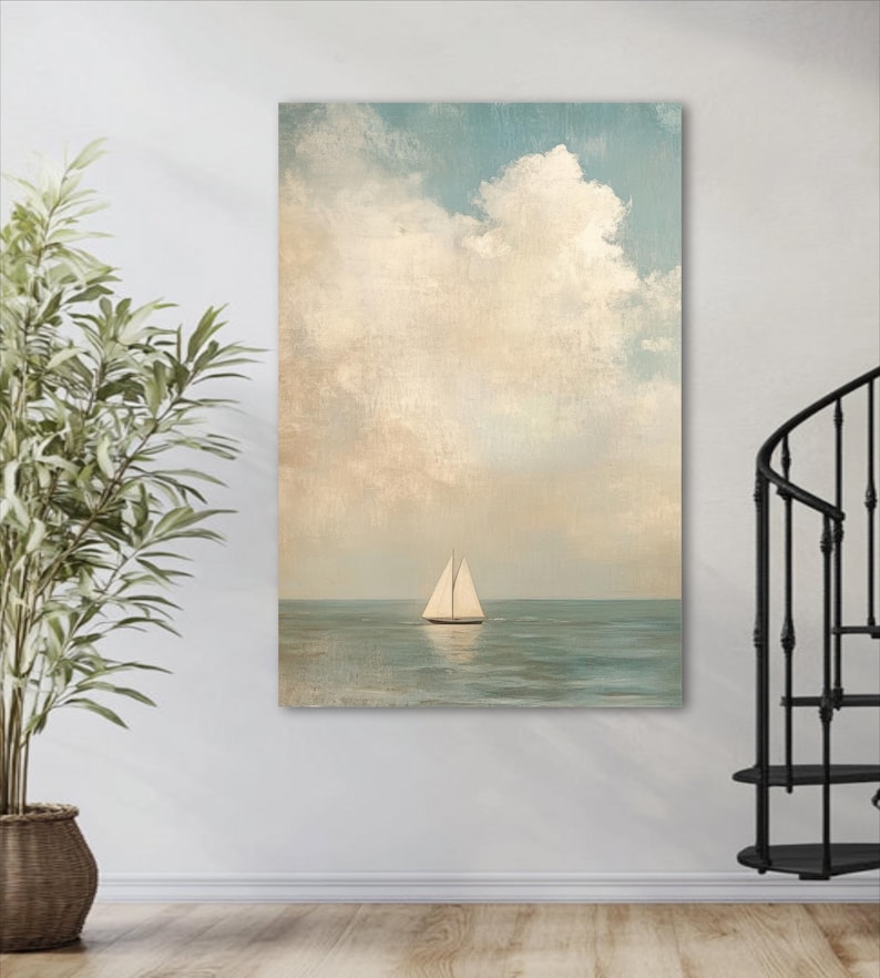 a large painting of a sailboat on the ocean, hanging on a wall next to a potted plant.