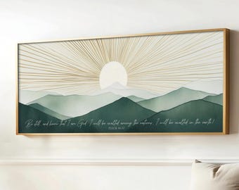 Be Still - I Will Be Exalted, Green Gold Sun Boho Modern Art, Scripture Psalm 46:10, Mountains Landscape Framed Canvas Artwork, Sunrise