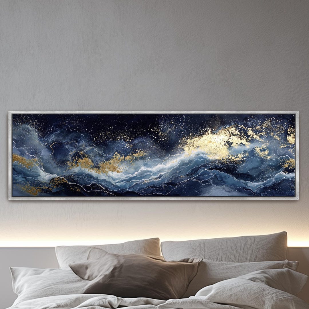 Navy Blue Gold Abstract Art, Large Panoramic Canvas Wall Decor, Framed ...
