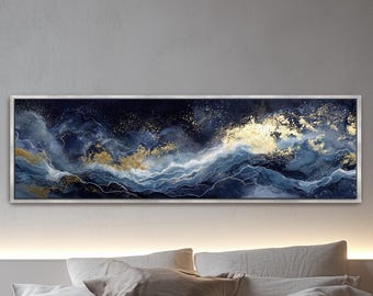 Navy Blue Gold Abstract Art,  Large Panoramic Canvas Wall Decor, Framed Canvas Artwork "Celestial Storm"