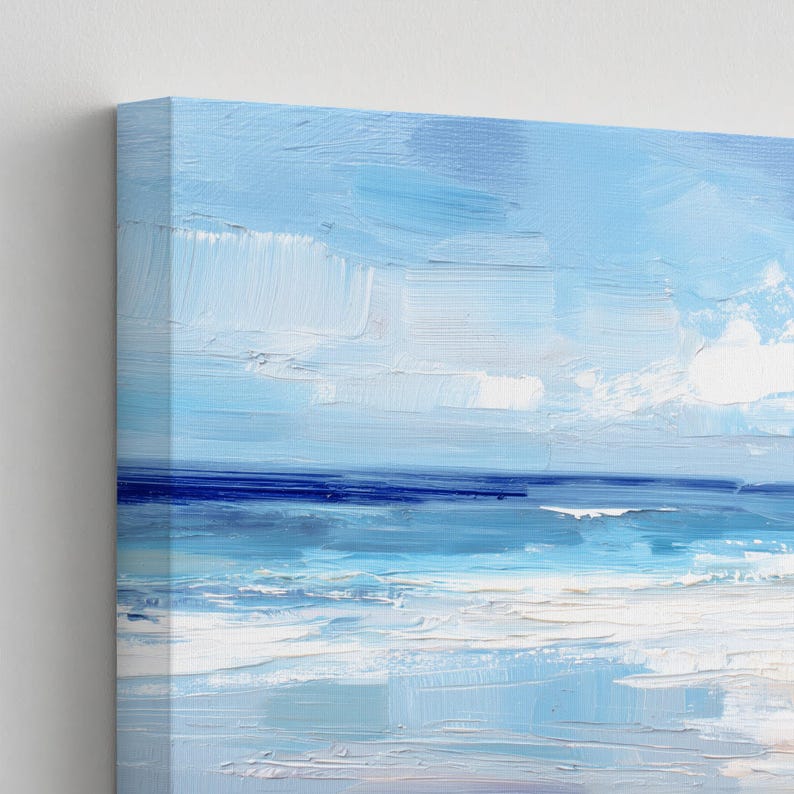 The image is a painting depicting a serene ocean scene with a blue sky and white clouds.
