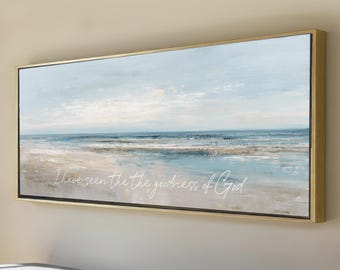 Ocean Abstract Art, I have Seen the Goodness of God, Blue Beige Large Framed Canvas Print, Landscape Wide, Calming Christian Coastal