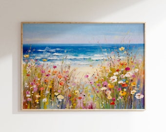 Coastal Wildflowers Printable Art, Spring Field Landscape, Modern Seascape, Colorful Wall Decor, Beach Ocean Floral Artwork Large