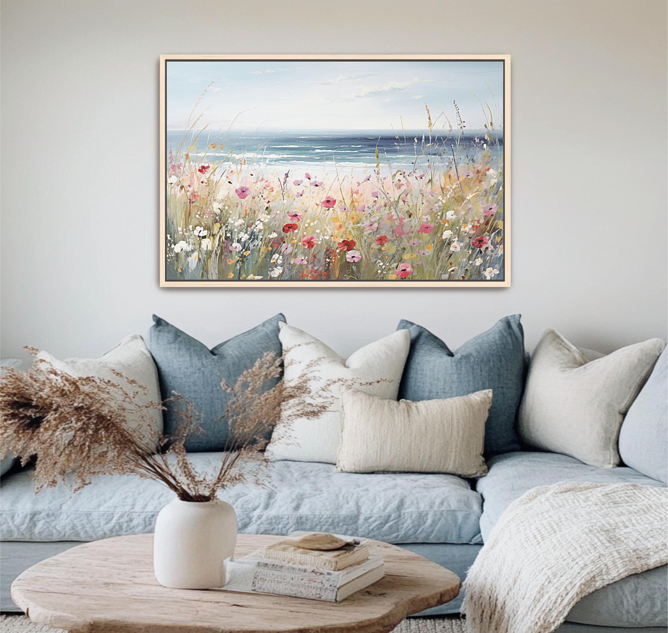 Wildflowers Coastal Art, Framed Canvas Seascape Coast, Misty Spring ...