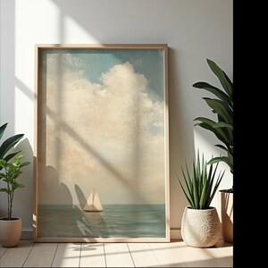 a large framed painting depicting a sailboat on the ocean, with a cloudy sky in the background. The painting is displayed on a wall, and there are two potted plants to the left and right of the frame.