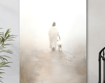 Jesus Rescues Lost Sheep Art: Neutral Christian Canvas Print