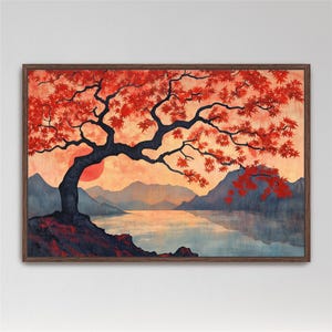 May include: A painting of a red maple tree with a large red sun in the background. The tree is silhouetted against the sun and is growing on a rocky cliff overlooking a lake. The mountains are in the background.