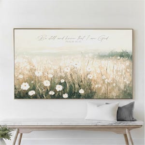 Be Still and Know that I am God, Coastal Wall Art Meadow, Field of Wildflowers, Psalm 46:10 Scripture Landscape Framed Canvas Print