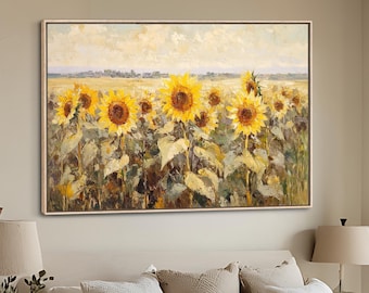 Sunflower Field Landscape Art: Vintage Floral Print or Canvas, Framed and Shipped, Farmhouse Wall Art