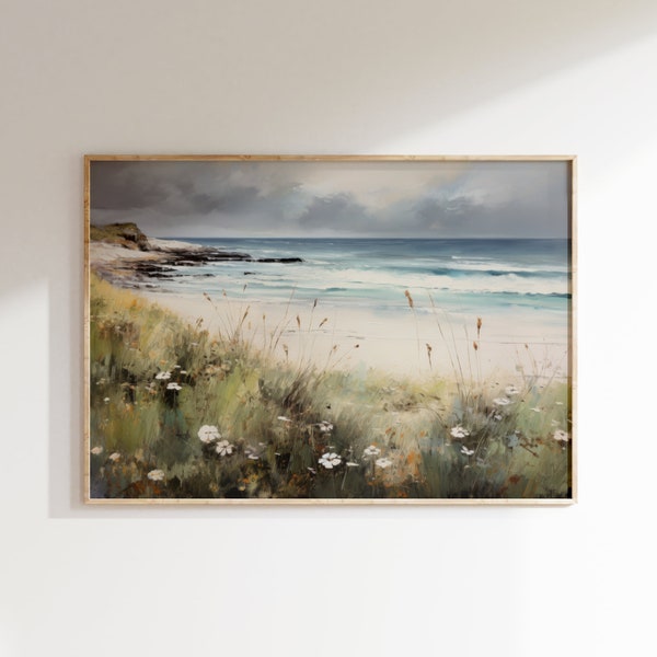 Wildflowers Coastal Printable Art, Foggy Muted Landscape, Seascape Coast, White Daisy Floral Wall Decor, Beach Ocean Artwork Large