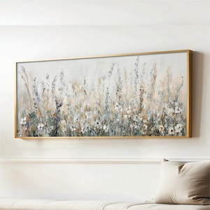 Neutral Wildflowers Abstract Art, Sage Green, Beige, Navy Landscape Long Horizontal Framed Artwork, Bedroom Decor, Calming Above the Bed