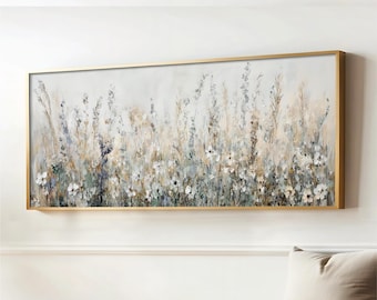 Neutral Wildflowers Abstract Art, Sage Green, Beige, Navy Landscape Long Horizontal Framed Artwork, Bedroom Decor, Calming Above the Bed