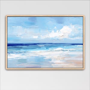 The image is a framed painting depicting a serene ocean scene with a blue sky and white clouds.