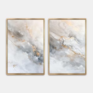 Abstract Marble Wall Art, Minimalist Neutral Framed Canvas, Set of 2 Modern Living Room Decor Prints, Diptych Gallery, White Gray Gold