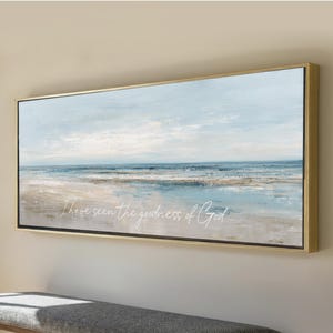 Ocean Abstract Art, I have Seen the Goodness of God, Blue Beige Large Framed Canvas Print, Landscape Wide, Calming Christian Coastal